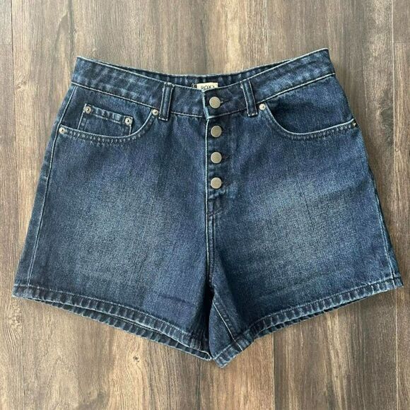 Roxy Jean Shorts High Waist Dark Wash Denim Button Fly Retro Pinup Style Size 31 - Picture 1 of 4
